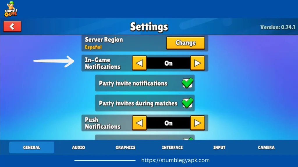 In- Game notification settings of Stumble Guys