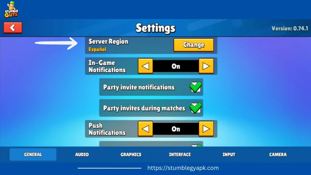 Server region settings of Stumble Guys